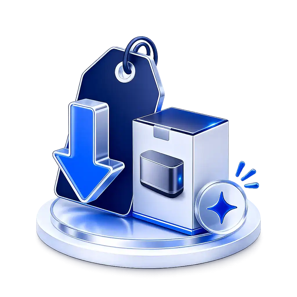 Icono de descarga y actualización de software en azul y plata.