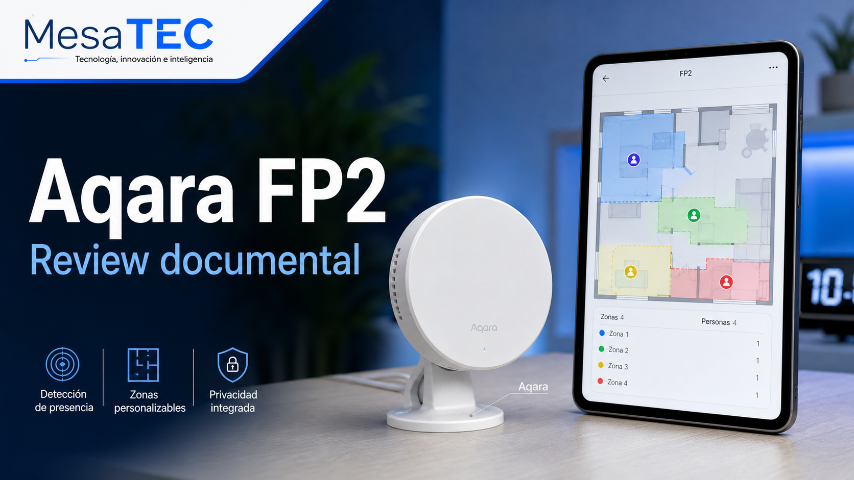 Aqara FP2 review — imagen editorial MesaTEC con texto integrado