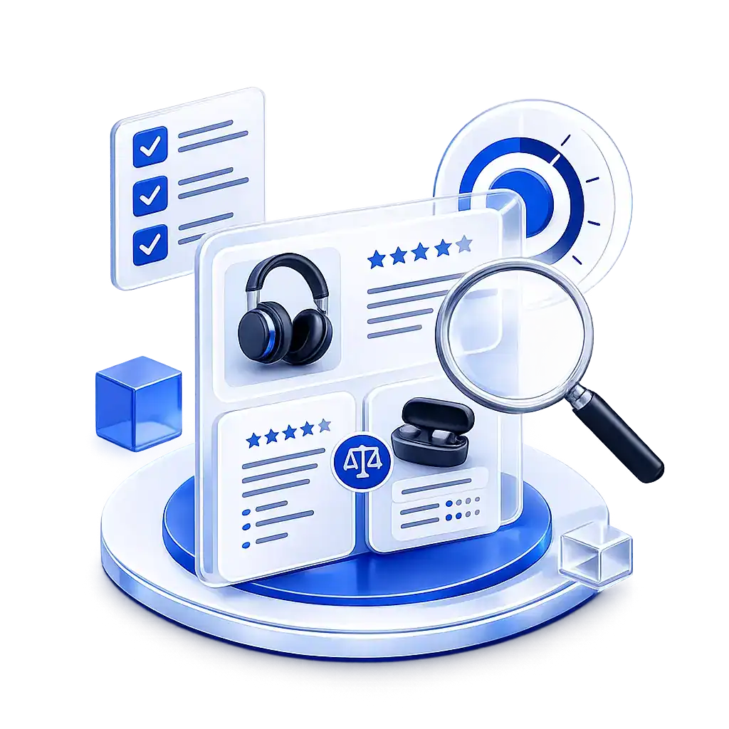 Imagen de análisis de productos con auriculares, lupa y gráficos.