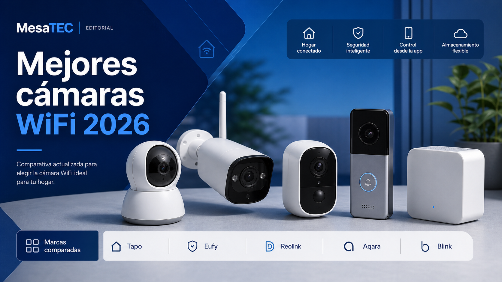 Tapo vs Eufy vs Reolink vs Aqara vs Blink — imagen editorial MesaTEC generada con Image 2.0