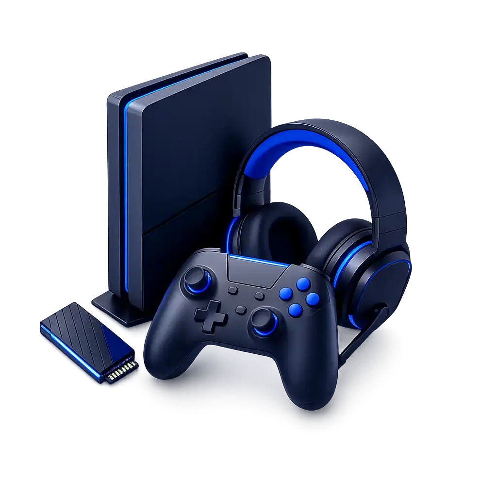 Consola de videojuegos con auriculares y mando para gaming.